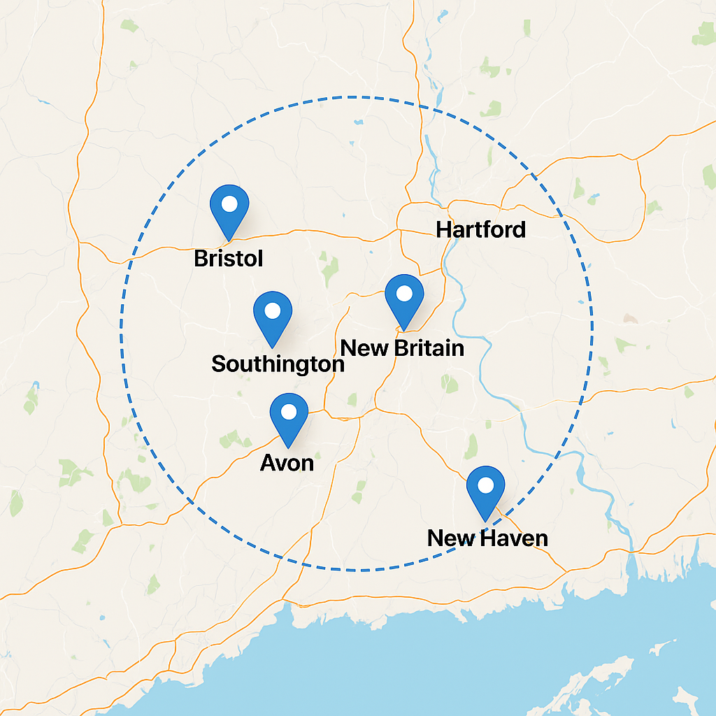 Digital map highlighting Natassia Amazing Cleaning’s house cleaning service areas in Bristol, New Britain, Southington, Avon, Hartford, and New Haven, Connecticut