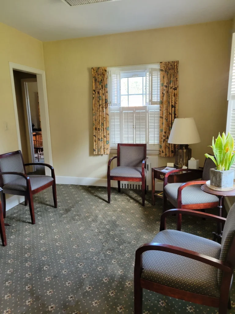 Clean waiting area with chairs, a potted plant, and lamp in a Connecticut office space