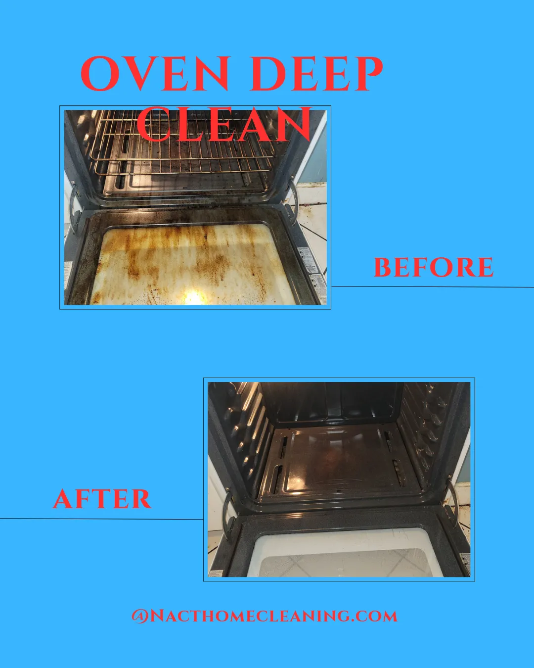 Before and after image of a deep cleaned oven by NACT Home Cleaning in Connecticut