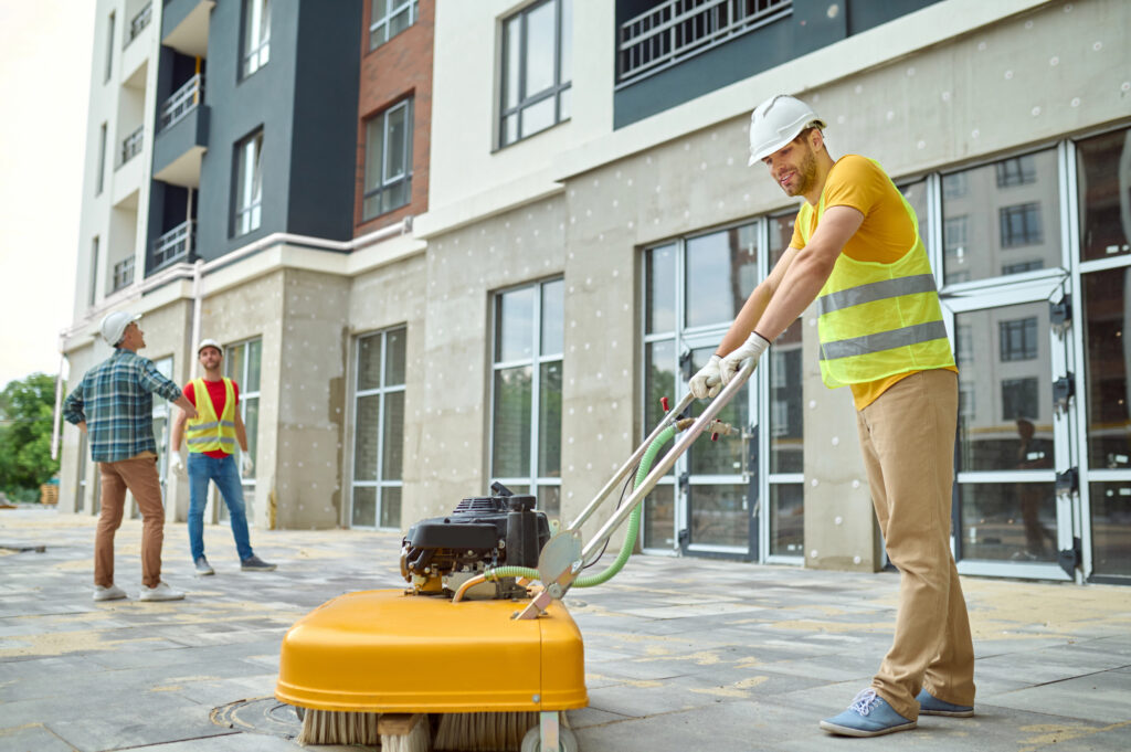 Post-construction cleaning crew outside a commercial building in Bristol, CT