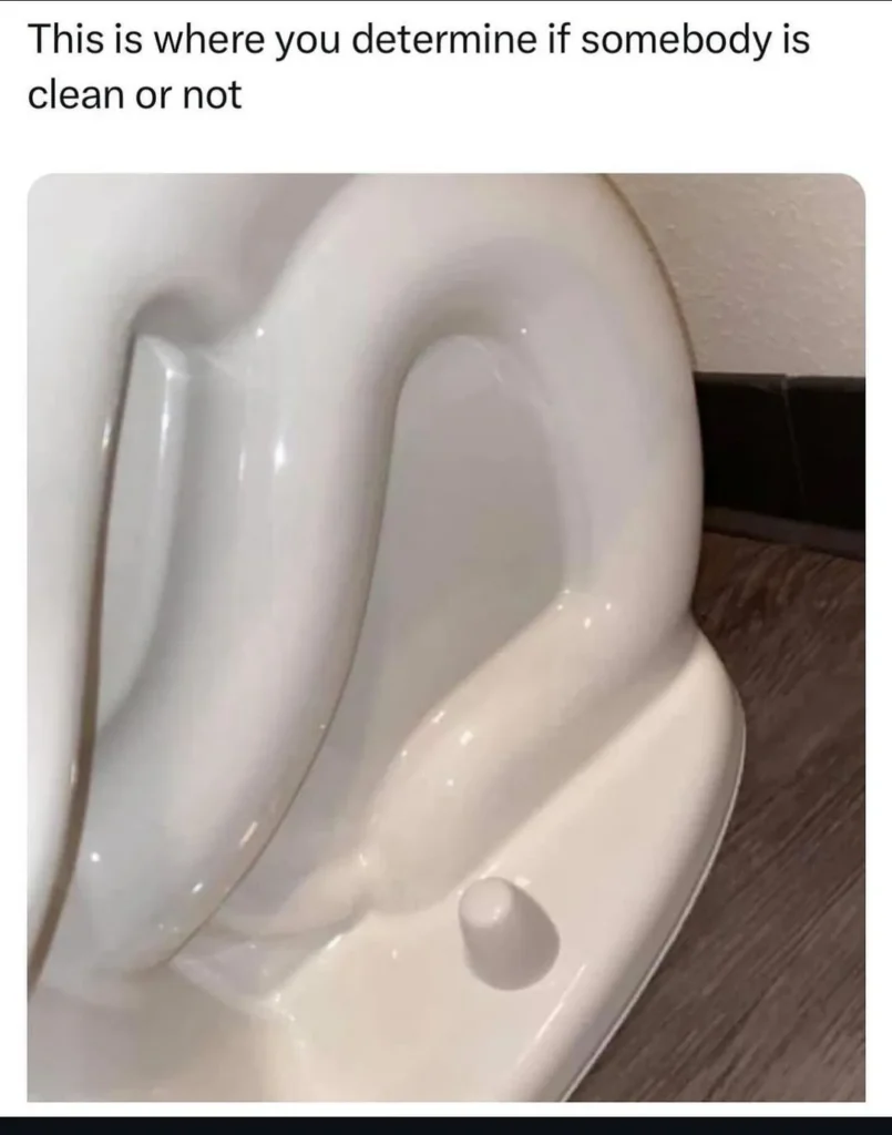 Underside of a toilet rim with humorous caption about cleanliness