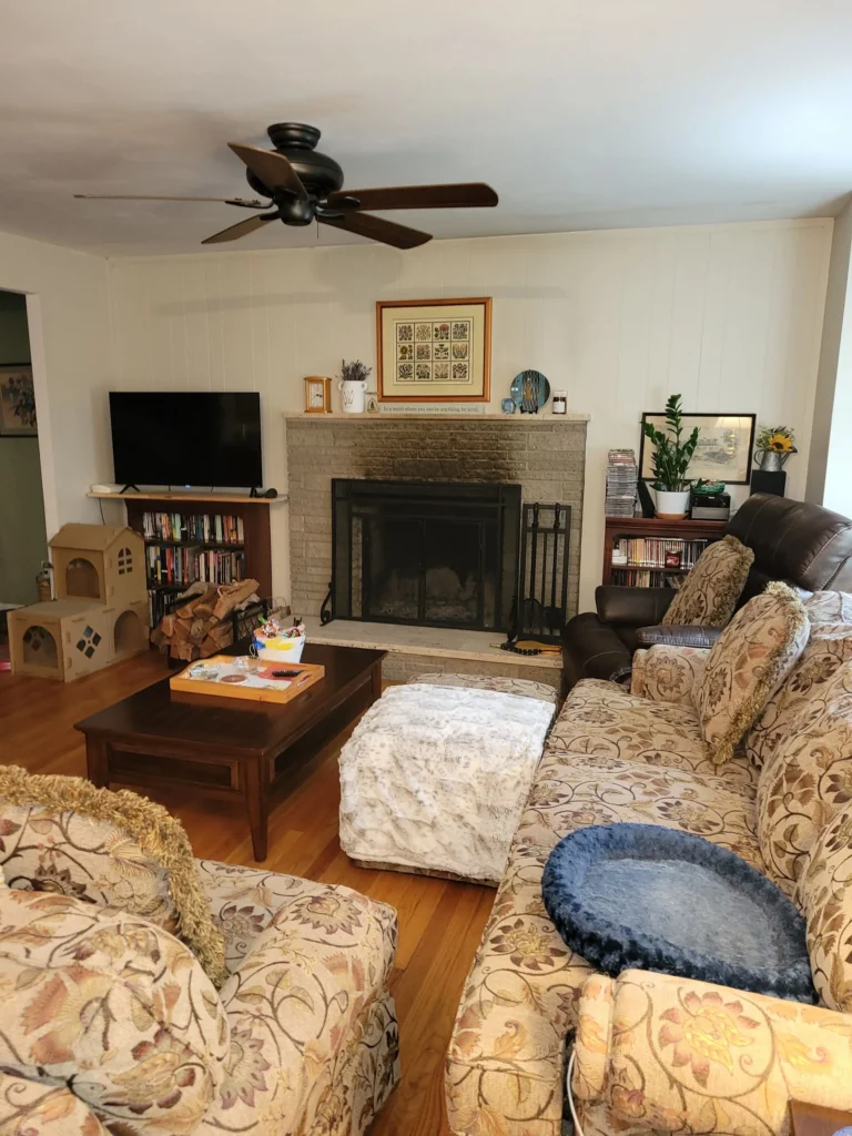 Cleaned traditional living room with fireplace, bookshelf, and patterned sofa in Hartford, Connecticut
